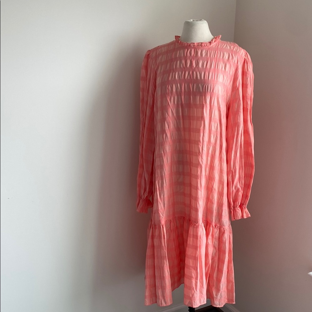Never Fully Dressed Coral Pink Long Sleeve Tiered Midi Dress